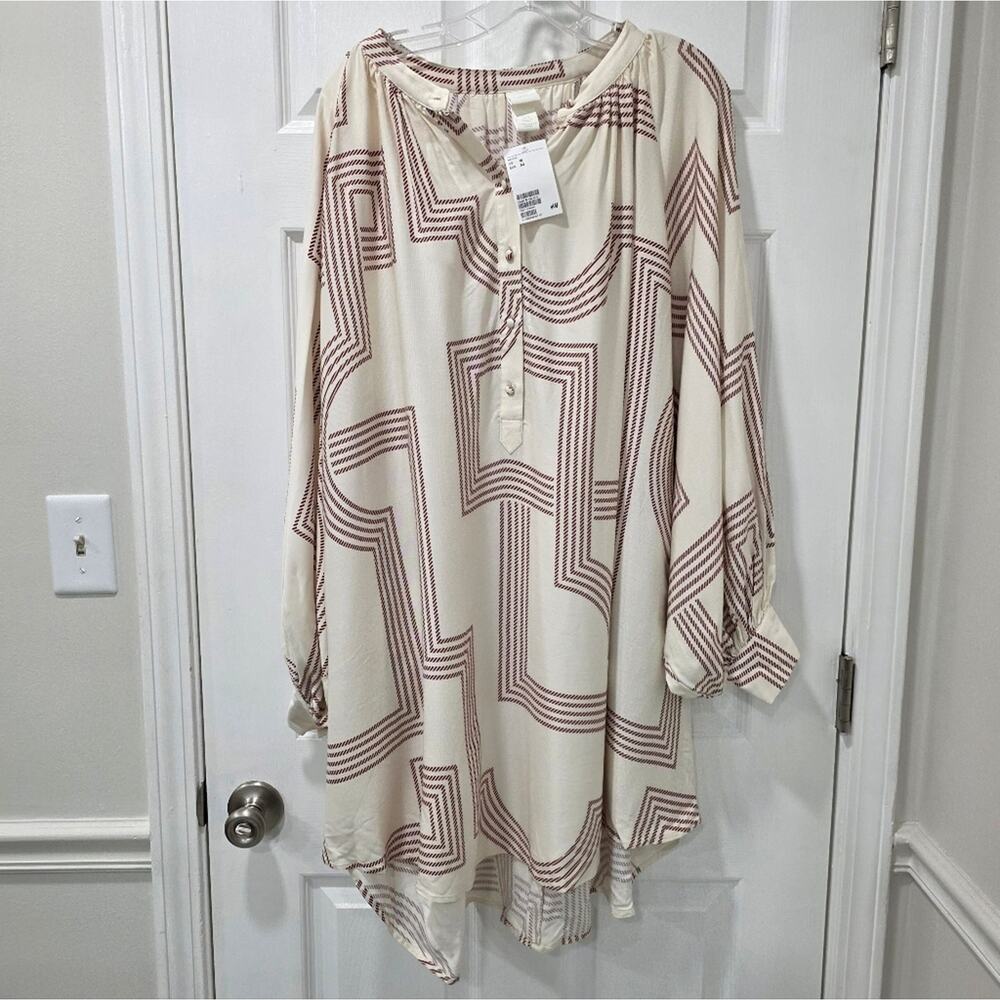 NWT H&M Plus Size 18 Geometric Print Tunic Dress Cream Maroon Oversized Boho - Picture 2 of 9